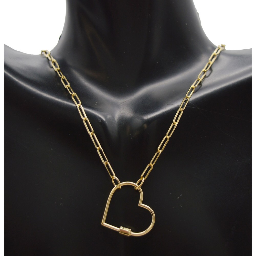 Real 14K Yellow Gold Heart Carabiner Clasp 2.5mm Paperclip Link Chain Necklace